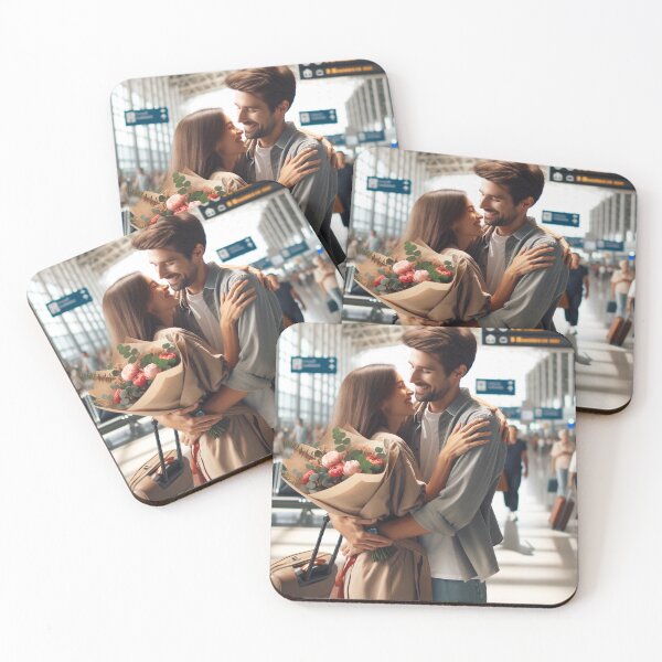 Item preview, Woman with a bouquet in her hand welcoming her partner at the airport after a long separation designed and sold by AndreaMart.