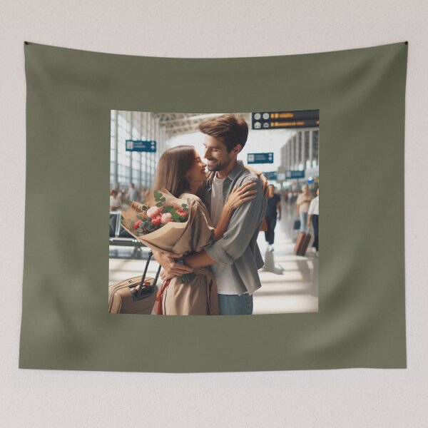 Item preview, Woman with a bouquet in her hand welcoming her partner at the airport after a long separation designed and sold by AndreaMart.