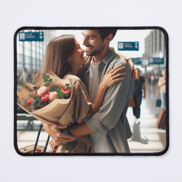 Item preview, Woman with a bouquet in her hand welcoming her partner at the airport after a long separation designed and sold by AndreaMart.