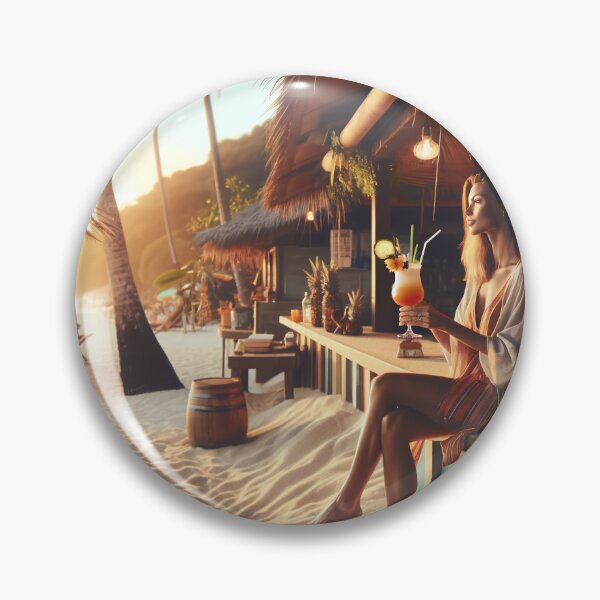 Item preview, Woman with a cocktail sitting in a beach bar with sand under her feet and palm trees in the background designed and sold by AndreaMart.