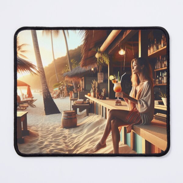 Item preview, Woman with a cocktail sitting in a beach bar with sand under her feet and palm trees in the background designed and sold by AndreaMart.