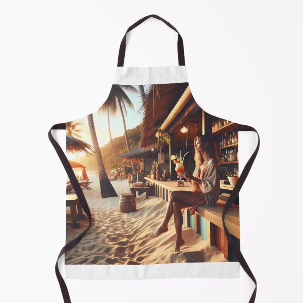 Item preview, Woman with a cocktail sitting in a beach bar with sand under her feet and palm trees in the background designed and sold by AndreaMart.