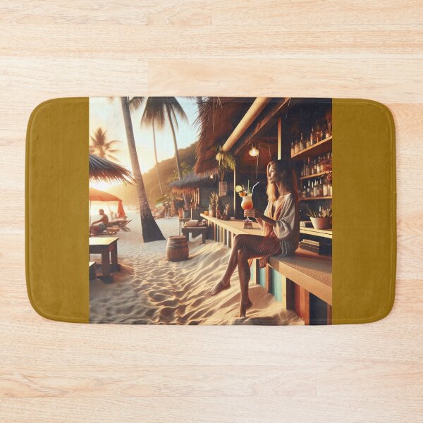 Item preview, Woman with a cocktail sitting in a beach bar with sand under her feet and palm trees in the background designed and sold by AndreaMart.