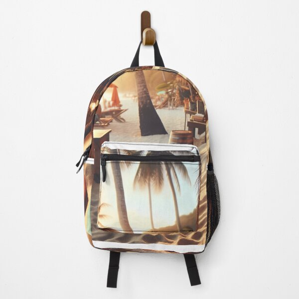 Item preview, Woman with a cocktail sitting in a beach bar with sand under her feet and palm trees in the background designed and sold by AndreaMart.