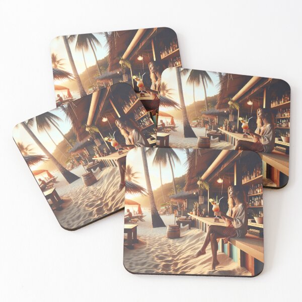 Item preview, Woman with a cocktail sitting in a beach bar with sand under her feet and palm trees in the background designed and sold by AndreaMart.