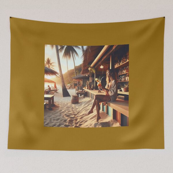 Item preview, Woman with a cocktail sitting in a beach bar with sand under her feet and palm trees in the background designed and sold by AndreaMart.