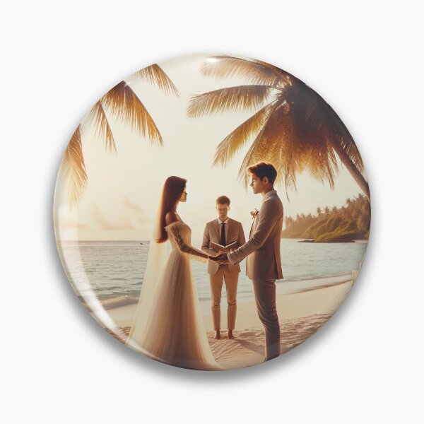 Item preview, Young couple standing on a beach under palm trees, holding hands and exchanging vows during a ceremonial wedding designed and sold by AndreaMart.