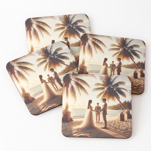 Item preview, Young couple standing on a beach under palm trees, holding hands and exchanging vows during a ceremonial wedding designed and sold by AndreaMart.