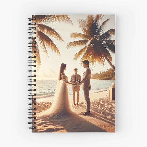 Item preview, Young couple standing on a beach under palm trees, holding hands and exchanging vows during a ceremonial wedding designed and sold by AndreaMart.
