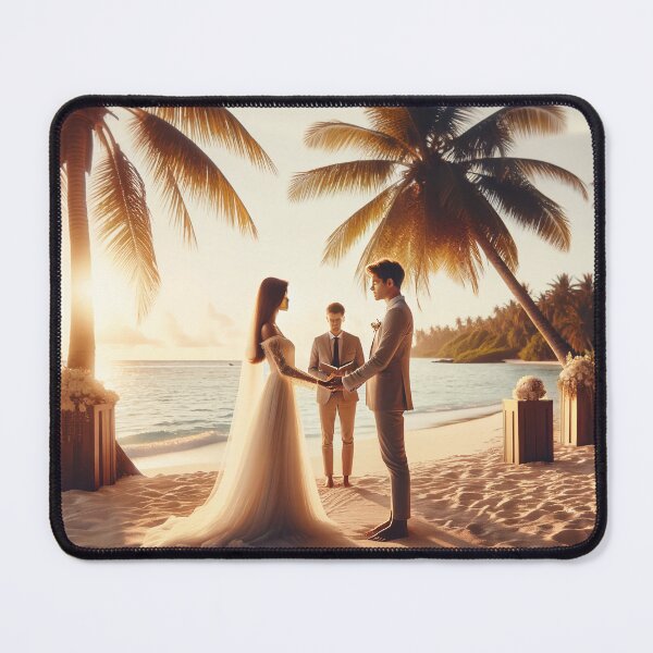 Item preview, Young couple standing on a beach under palm trees, holding hands and exchanging vows during a ceremonial wedding designed and sold by AndreaMart.