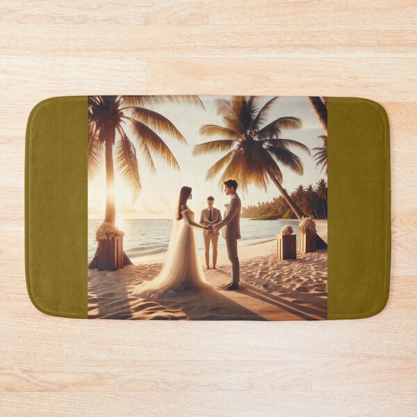 Item preview, Young couple standing on a beach under palm trees, holding hands and exchanging vows during a ceremonial wedding designed and sold by AndreaMart.