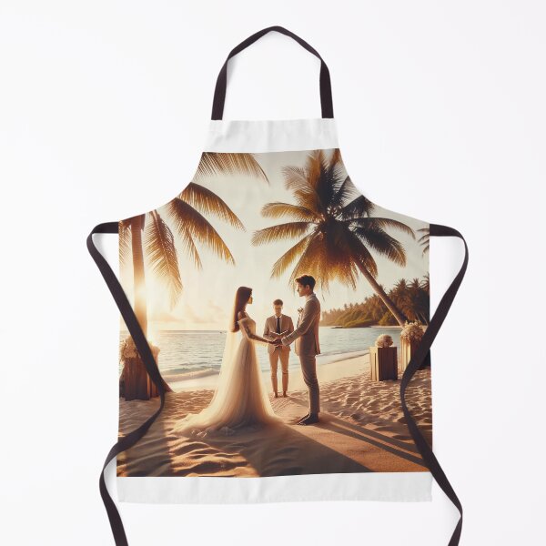 Item preview, Young couple standing on a beach under palm trees, holding hands and exchanging vows during a ceremonial wedding designed and sold by AndreaMart.