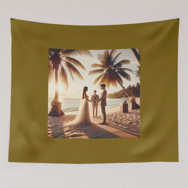Item preview, Young couple standing on a beach under palm trees, holding hands and exchanging vows during a ceremonial wedding designed and sold by AndreaMart.