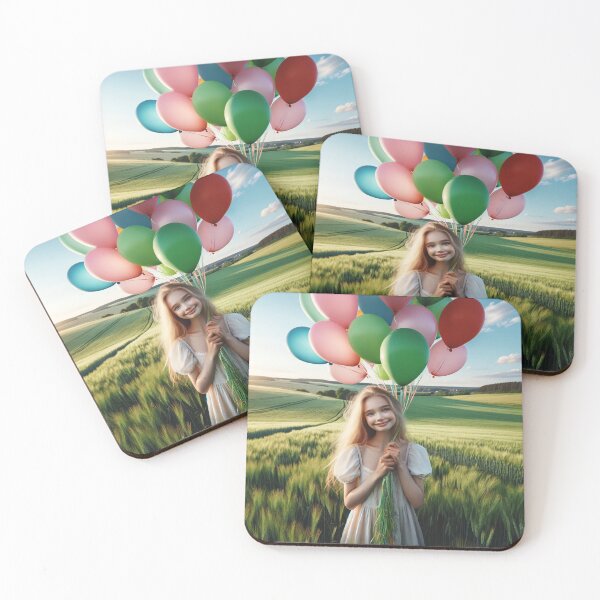 Item preview, Young girl holding balloons in the countryside, surrounded by a green field and a blue sky designed and sold by AndreaMart.