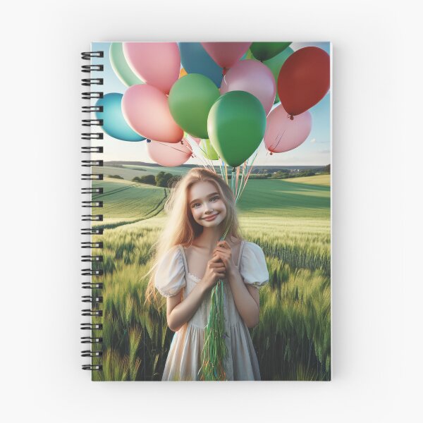 Item preview, Young girl holding balloons in the countryside, surrounded by a green field and a blue sky designed and sold by AndreaMart.
