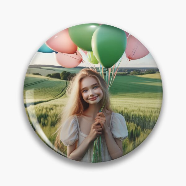 Item preview, Young girl holding balloons in the countryside, surrounded by a green field and a blue sky designed and sold by AndreaMart.
