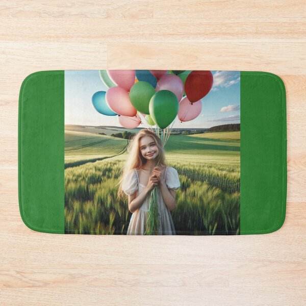 Item preview, Young girl holding balloons in the countryside, surrounded by a green field and a blue sky designed and sold by AndreaMart.