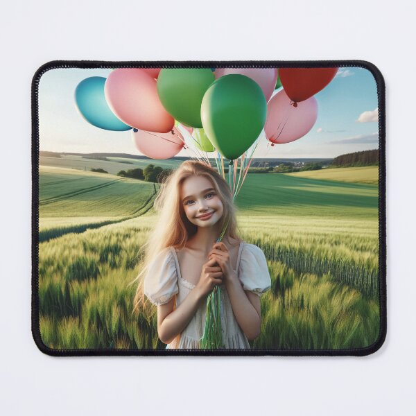 Item preview, Young girl holding balloons in the countryside, surrounded by a green field and a blue sky designed and sold by AndreaMart.