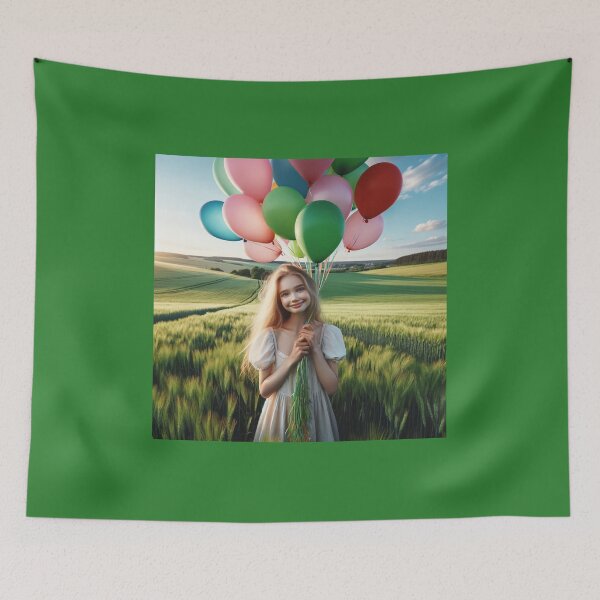 Item preview, Young girl holding balloons in the countryside, surrounded by a green field and a blue sky designed and sold by AndreaMart.