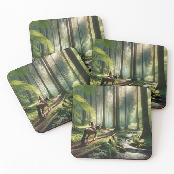 Item preview, Young girl on a horse riding through a forest grove with towering trees and a babbling brook designed and sold by AndreaMart.