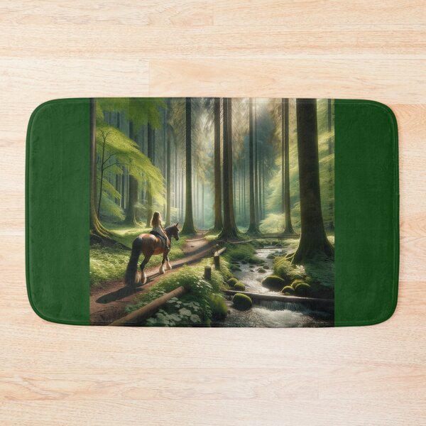Item preview, Young girl on a horse riding through a forest grove with towering trees and a babbling brook designed and sold by AndreaMart.