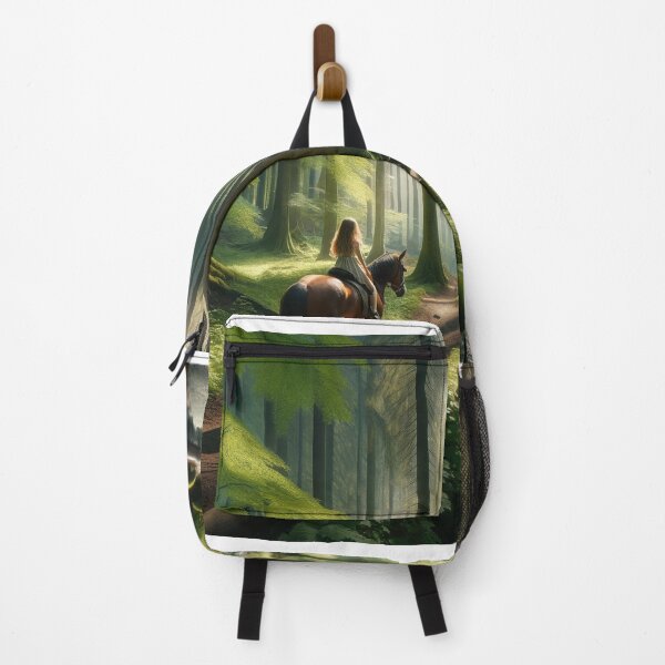 Item preview, Young girl on a horse riding through a forest grove with towering trees and a babbling brook designed and sold by AndreaMart.