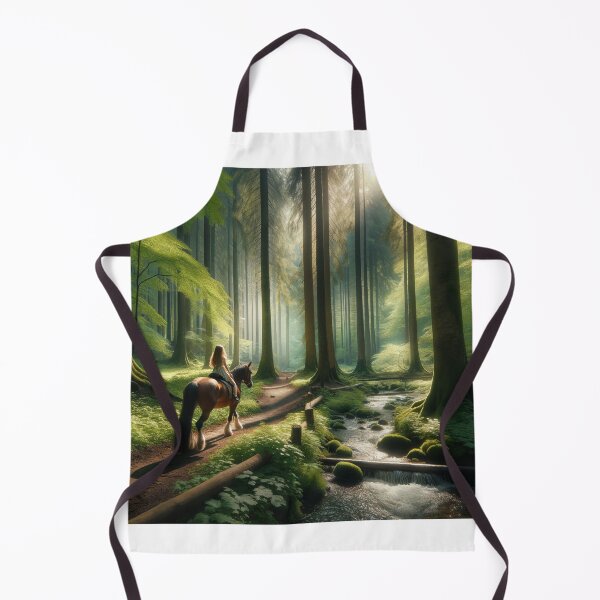 Item preview, Young girl on a horse riding through a forest grove with towering trees and a babbling brook designed and sold by AndreaMart.