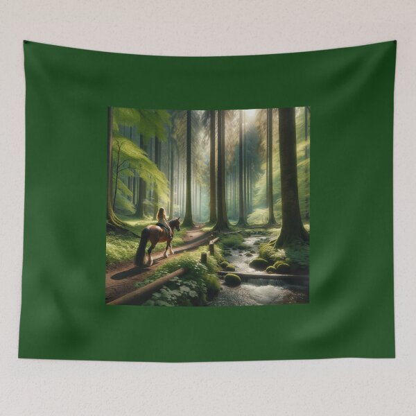Item preview, Young girl on a horse riding through a forest grove with towering trees and a babbling brook designed and sold by AndreaMart.