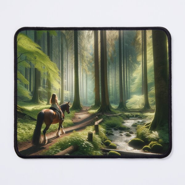 Item preview, Young girl on a horse riding through a forest grove with towering trees and a babbling brook designed and sold by AndreaMart.
