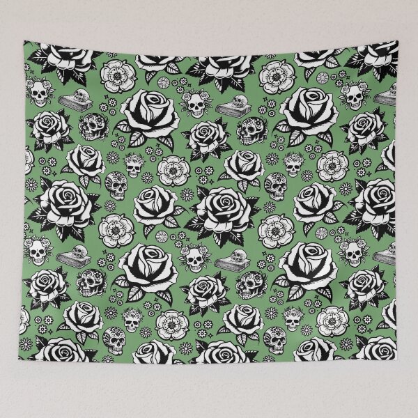 Aperçu de l'œuvre Roses et crânes du Yorkshire - fond sauge créée et vendue par LaserSister.com.