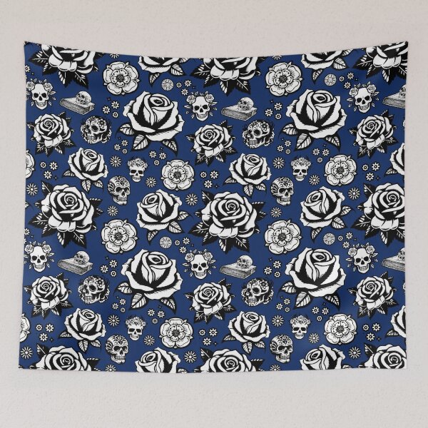 Aperçu de l'œuvre Yorkshire Roses et crânes - fond bleu foncé créée et vendue par LaserSister.com.