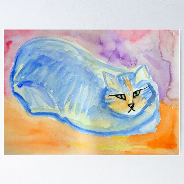 Blue Cat in Watercolor by SassEsnacks Poster