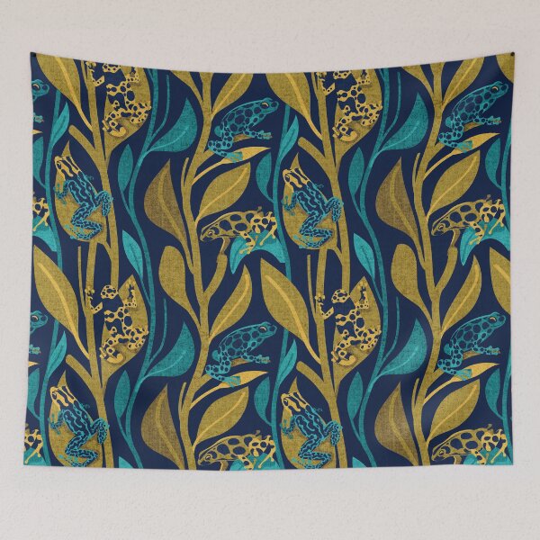 Item preview, Toxic beauty dart frogs // navy blue background yellow and teal frogs and vegetation designed and sold by SelmaCardoso.