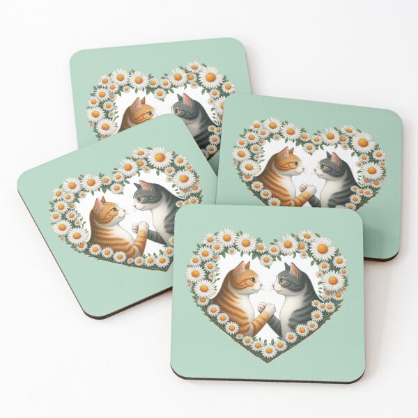 Item preview, Daisy Flowers Striped Kittens Love Heart Drawing Illustration Cats Being Bros designed and sold by CoffeeIsATrip.