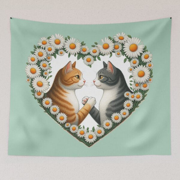 Item preview, Daisy Flowers Striped Kittens Love Heart Drawing Illustration Cats Being Bros designed and sold by CoffeeIsATrip.