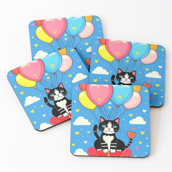 Item preview, Colorful Cute Tuxedo Cat Hearts Clouds and Balloons designed and sold by TheDarkWardrobe.