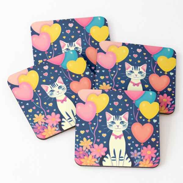 Item preview, Colorful Cute Cat Hearts Flowers and Balloons designed and sold by TheDarkWardrobe.