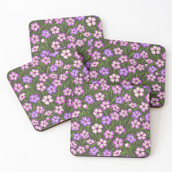 Item preview, Wildflower Australia Geraldton Wax in purple and pink on dark green designed and sold by ArtOfSmallJoys.