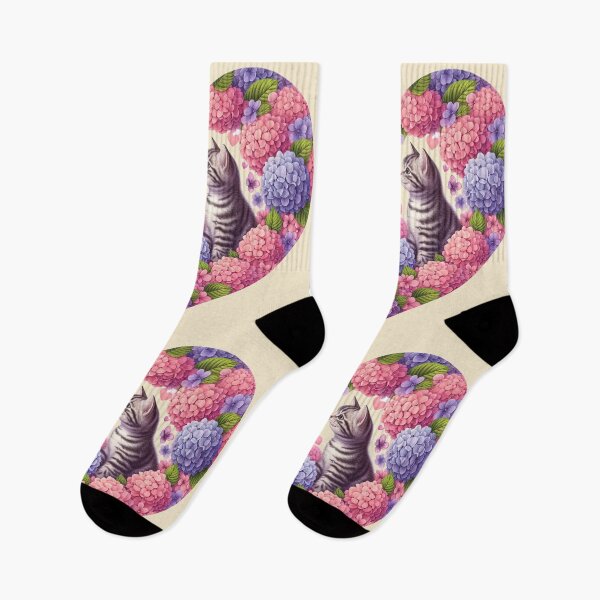 Item preview, Hydrangea Flowers Kittens Love Heart Drawing Illustration Striped Cats designed and sold by CoffeeIsATrip.