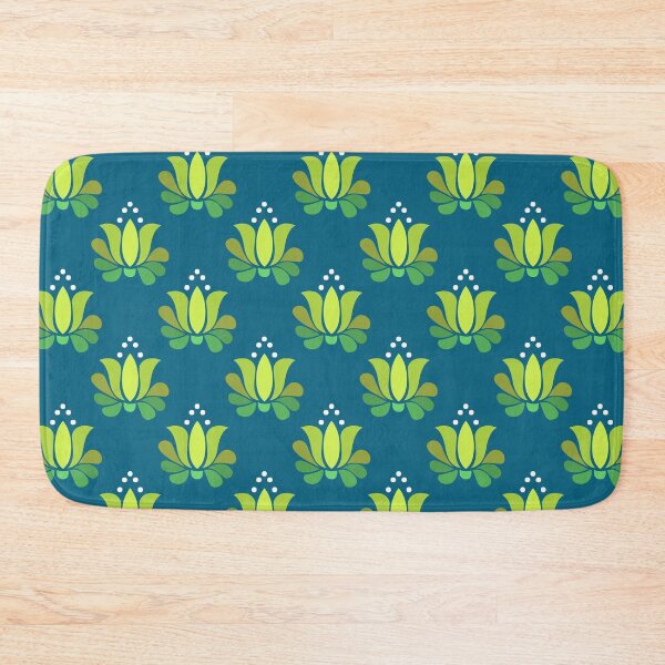 Item preview, bright lotus flower in lime green on blue designed and sold by colorofmagic.
