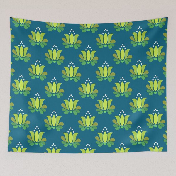 Item preview, bright lotus flower in lime green on blue designed and sold by colorofmagic.