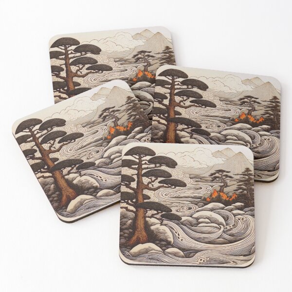 Item preview, Japanese Wavy Clouds Sky River Woodblock Mountain Nature Scene designed and sold by entwithanaxe.