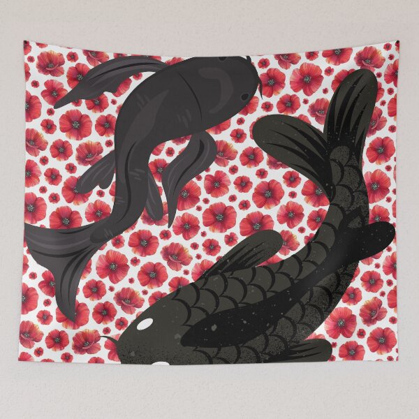 Item preview, black fish on the background of flowers designed and sold by Vilemo.