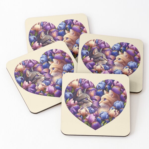 Item preview, Iris Flowers Kittens Love Heart Drawing Illustration Long Haired Cats designed and sold by CoffeeIsATrip.