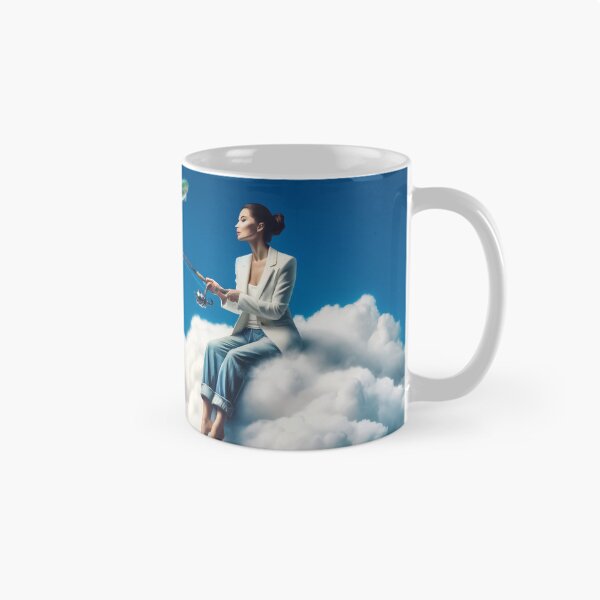 Item preview, Woman fishing from a cloud above the ocean, with fish flying around her like birds designed and sold by AndreaMart.