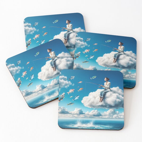 Item preview, Woman fishing from a cloud above the ocean, with fish flying around her like birds designed and sold by AndreaMart.
