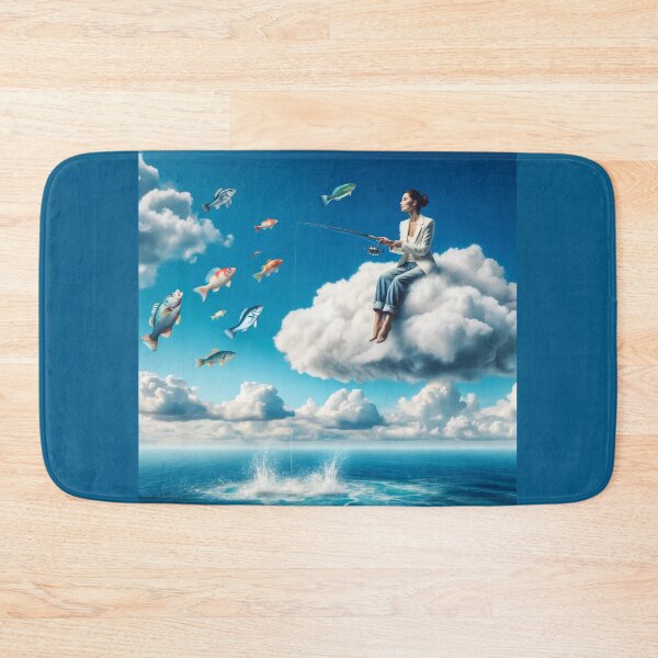 Item preview, Woman fishing from a cloud above the ocean, with fish flying around her like birds designed and sold by AndreaMart.