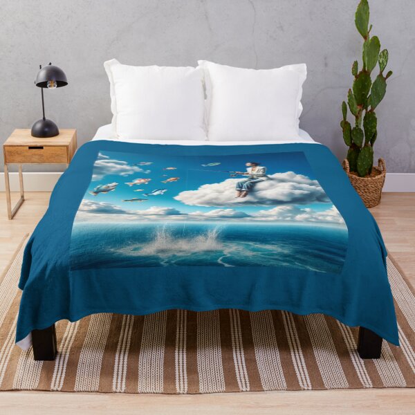 Item preview, Woman fishing from a cloud above the ocean, with fish flying around her like birds designed and sold by AndreaMart.