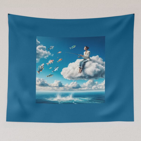 Item preview, Woman fishing from a cloud above the ocean, with fish flying around her like birds designed and sold by AndreaMart.