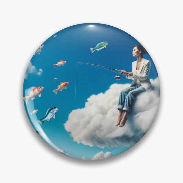 Item preview, Woman fishing from a cloud above the ocean, with fish flying around her like birds designed and sold by AndreaMart.